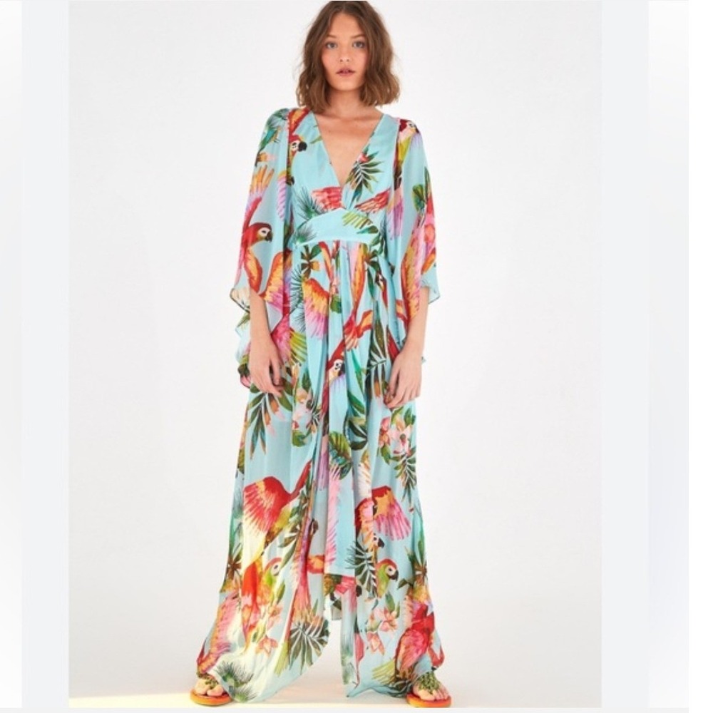 Farm Rio Womens XS Blue Tropical Parrot‎ Print V-Neck Maxi Dress Kimono Sleeve